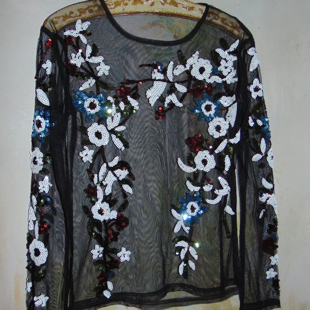 VTG Y2K Womens Sheer Mesh Sequin Floral Top Size M Black Long Sleeve Grunge S/M